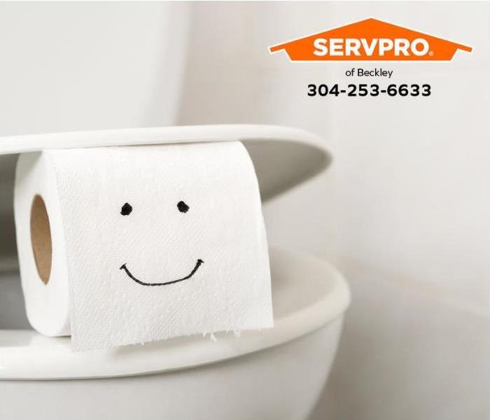 A toilet paper roll with a happy face drawn on it sits on a toilet seat. 