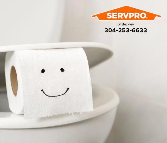 A toilet paper roll with a happy face drawn on it sits on a toilet seat. 
